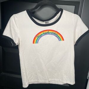 H&M “No bad vibes” rainbow short sleeve t-shirt. Black trim. Cotton and Spandex
